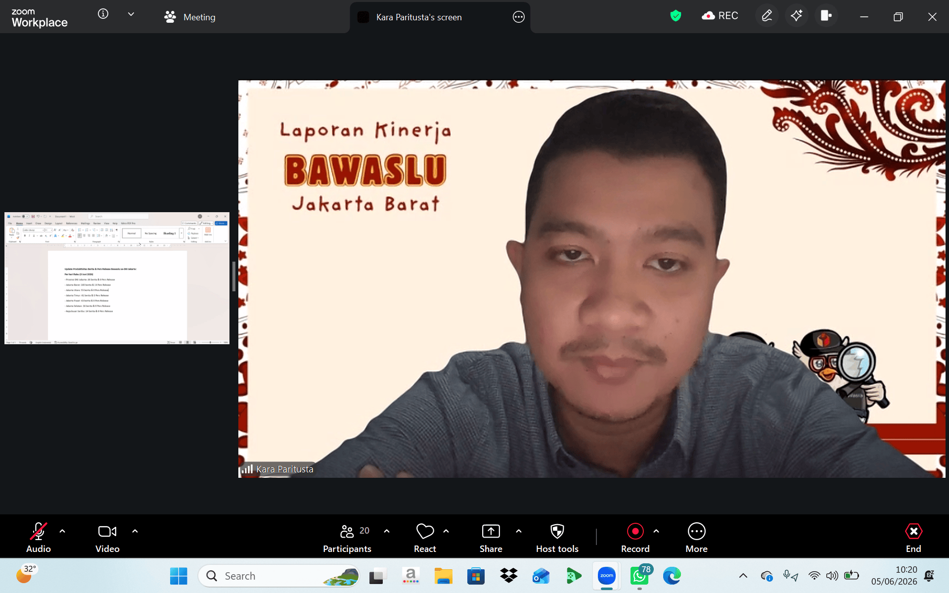 Dalam Gambar (Kara Paritusta, Kasubbag Pengawasan dan Humas Bawaslu Kota Jakarta Barat) Memaparkan Capaian Kinerja Divisi P2H (05/06)