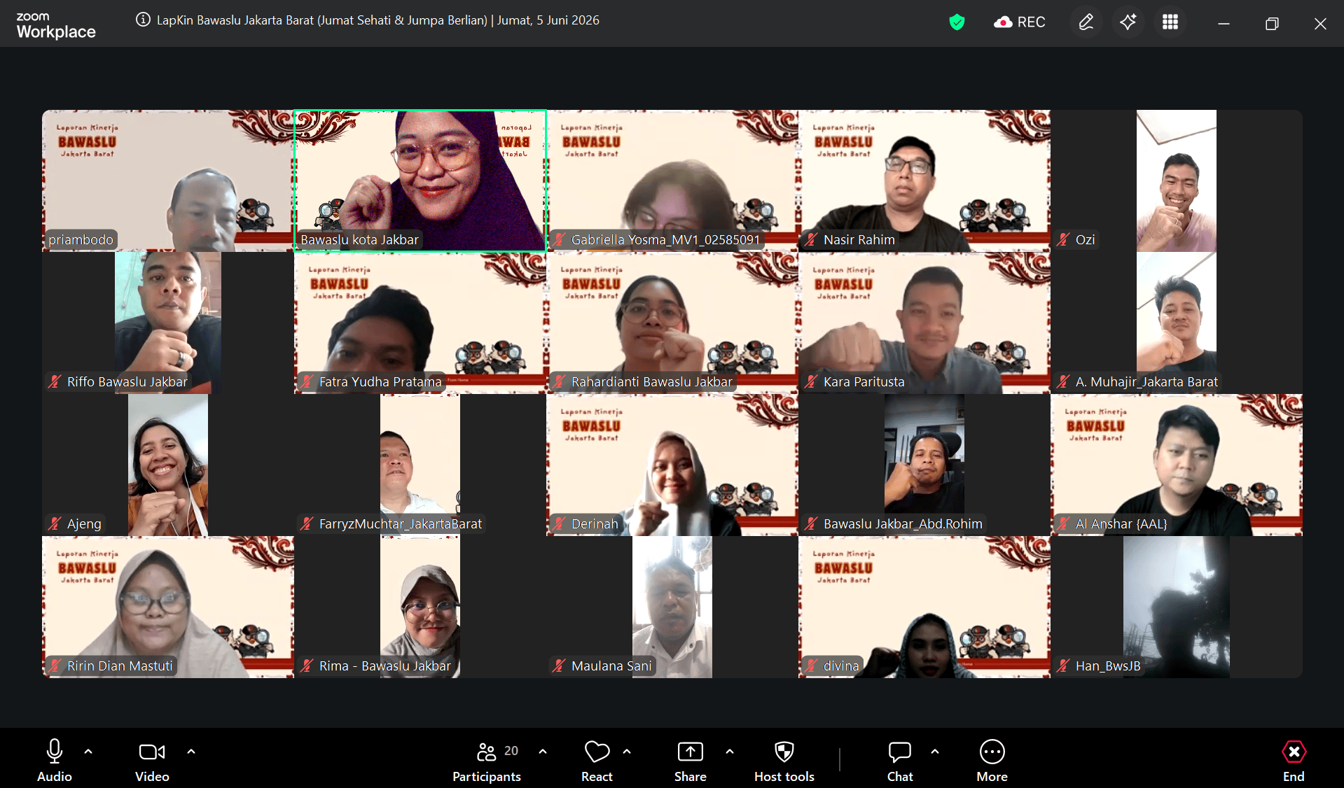 Tangkapan Layar Zoom Meeting Work From Home (WFH) Bawaslu Kota Jakarta Barat (05/06)