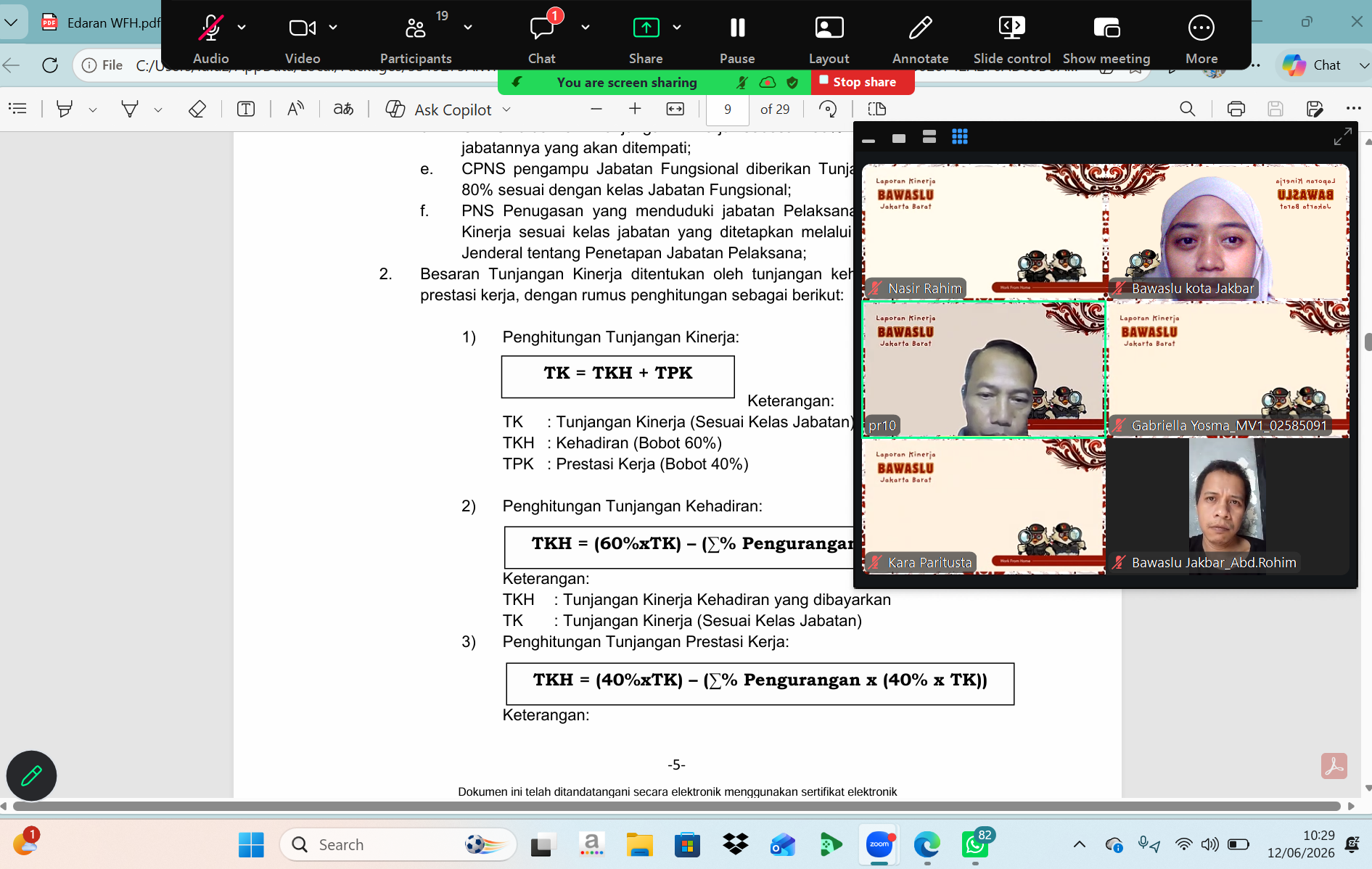 Tangkapan Layar pada Zoom Meeting Laporan Kinerja Rutin (12/06)