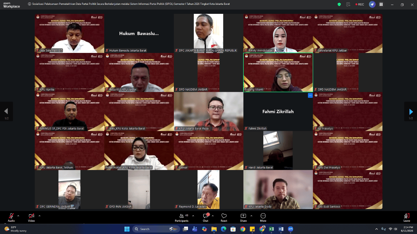 Tangkapan Layar pada Zoom Meeting Pemutakhiran Data Partai Politik (11/06)