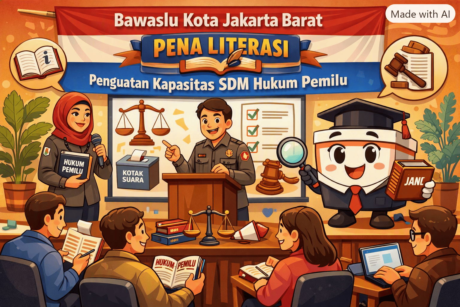 Ilustrasi mengenai Perkuat Pemahaman Hukum Pemilu, Bawaslu Kota Jakarta Barat Menggelar Pena Literasi dengan Tema Penguatan Kapasitas SDM Hukum Pemilu oleh Kecerdasan Buatan (04/08)