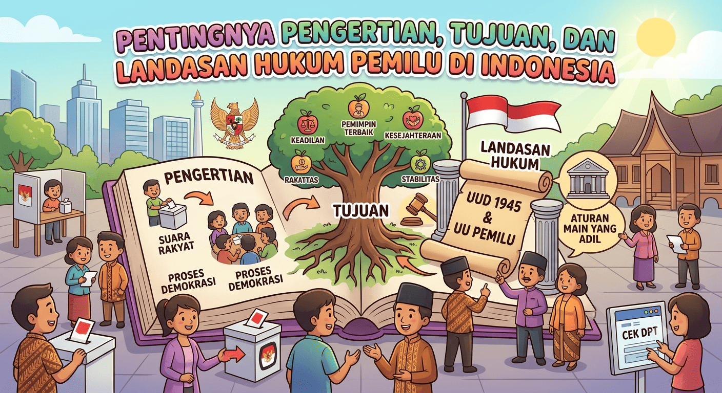 Ilustrasu mengenai Pentingnya Pengertian,Tujuan dan Landasan Hukum Pemilu di Indonesia oleh Kecerdasan Buatan (04/08)