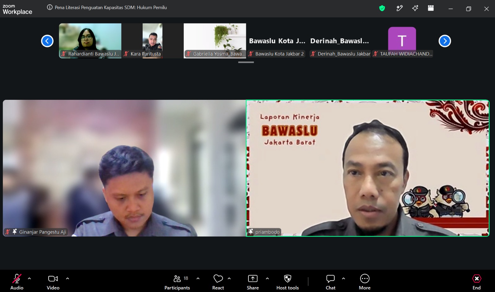 Tangkapan Layar pada giat Pena Literasi "Hukum Pemilu" oleh Humas Bawaslu Kota Jakarta Barat (27/07)